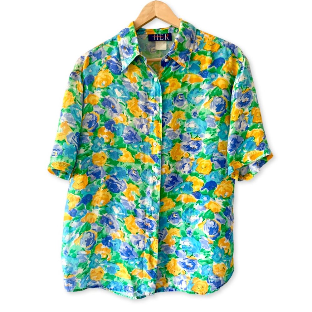Vintage HER Floral Short Sleeve Shirt Blouse Cottagecore Feminine Grandma Boho
